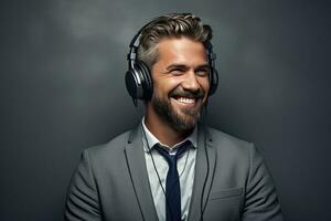 sonriente empresario escuchando a música en auriculares. de los hombres belleza, moda. generativo ai foto