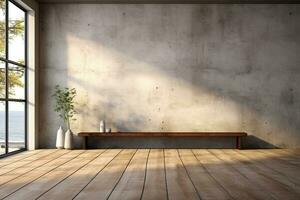 Interior of modern loft with concrete floor and panoramic windows.  Generative AI photo