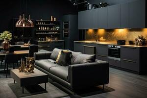 lujo cocina interior diseño con negro paredes, hormigón piso, oscuro de madera encimeras, negro armarios y comida mesa con negro sillas. generativo ai foto