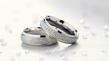 Wedding rings on a white background with sparkles and stars.  Generative AI photo