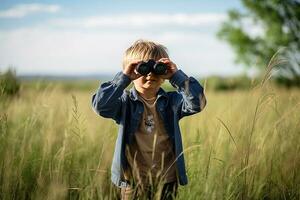 Little boy looking through binoculars in the park. Kid exploring nature.  Generative AI photo