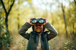 Little boy looking through binoculars in the park. Kid exploring nature.  Generative AI photo