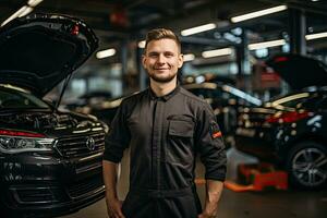 selective focus of handsome auto mechanic in uniform repairing car in auto repair shop. Generative AI photo