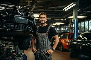 selective focus of handsome auto mechanic in uniform repairing car in auto repair shop. Generative AI photo