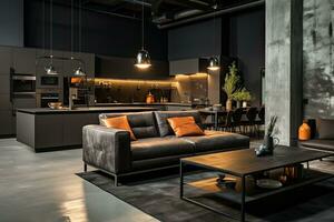 lujo cocina interior diseño con negro paredes, hormigón piso, oscuro de madera encimeras, negro armarios y comida mesa con negro sillas. generativo ai foto