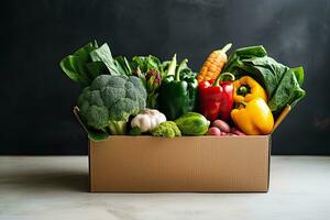 Box with fresh organic vegetables and fruits. Healthy food shopping concept. Generative AI photo