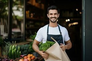 A young man carries a shopping bag full of fruits and vegetables. Food delivery service.  Generative AI photo