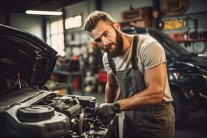 Car mechanic working in auto repair shop. Handsome young man in uniform working with car engine. Generative AI photo