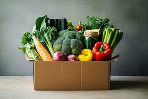 Box with fresh organic vegetables and fruits. Healthy food shopping concept. Generative AI photo