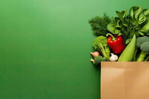 Shopping bag full of fresh organic vegetables on green background. Healthy food concept.  Generative AI photo