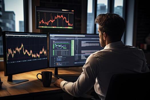 Back view of young businessman sitting at desk in office and looking at computer screen with stock market chart.  Generative AI photo
