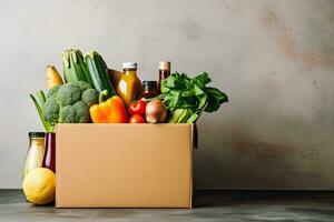 Box with fresh organic vegetables and fruits. Healthy food shopping concept. Generative AI photo