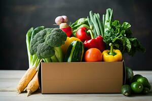 Box with fresh organic vegetables and fruits. Healthy food shopping concept. Generative AI photo