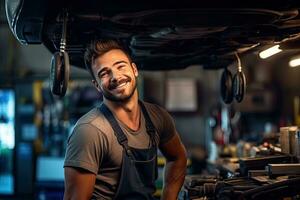 coche mecánico trabajando en auto reparar tienda. hermoso joven hombre en uniforme trabajando con coche motor. generativo ai foto