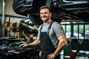 Car mechanic working in auto repair shop. Handsome young man in uniform working with car engine. Generative AI photo