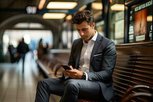 handsome businessman using smartphone while in the city. Generative AI photo
