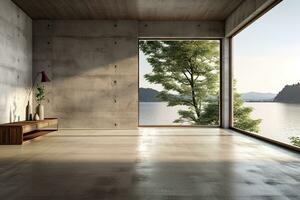 Interior of modern loft with concrete floor and panoramic windows.  Generative AI photo