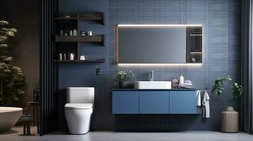 Interior of modern bathroom with blue tile walls, tiled floor, comfortable bathtub and sink with mirror. Generative AI photo