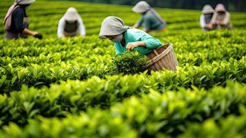 tea picking at the tea plantation at the town of Mae Salong north of the city Chiang Rai in North Thailand. Generative AI photo