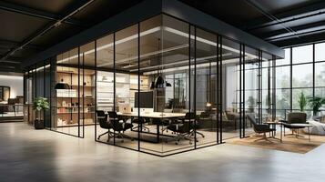 Interior of modern open space office with black walls, concrete floor, rows of computer tables and glass doors.  Generative AI photo