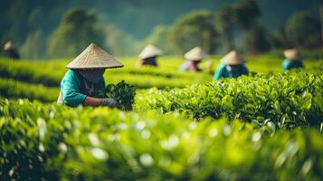 tea picking at the tea plantation at the town of Mae Salong north of the city Chiang Rai in North Thailand. Generative AI photo