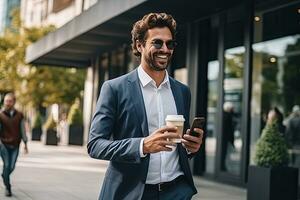 Handsome businessman using smartphone and holding coffee cup while in the city. Generative AI photo