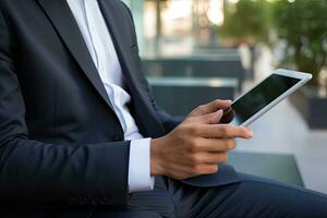 Businessman holding digital tablet in the office. Business and technology concept. Generative AI photo