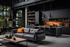 lujo cocina interior diseño con negro paredes, hormigón piso, oscuro de madera encimeras, negro armarios y comida mesa con negro sillas. generativo ai foto