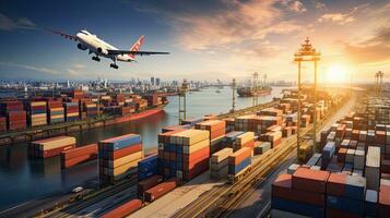 envase carga carga Embarcacion con trabajando grua puente en importar exportar y logística negocio y transporte concepto. generativo ai foto