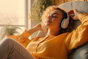 Young woman in headphones listening to music at home. Girl sitting on sofa.  Generative AI photo