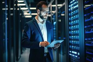 Handsome young businessman using digital tablet while standing in server room.  Generative AI photo