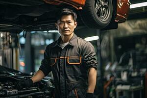 selective focus of handsome auto mechanic in uniform repairing car in auto repair shop. Generative AI photo