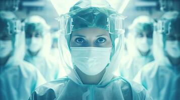 Conceptual of medical workers in protective clothing and masks working in modern hospital. Double exposure. Generative AI photo