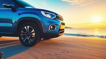 Car on the beach at sunset. Concept of travel and vacation. Generative AI photo