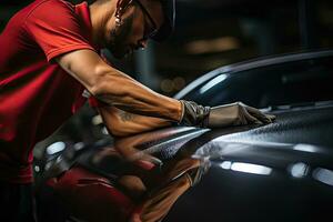 coche detallado serie, trabajador en protector guantes pulido un coche. generativo ai foto