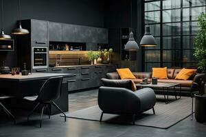 lujo cocina interior diseño con negro paredes, hormigón piso, oscuro de madera encimeras, negro armarios y comida mesa con negro sillas. generativo ai foto