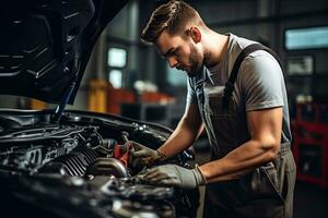 Car mechanic working in auto repair shop. Handsome young man in uniform working with car engine. Generative AI photo