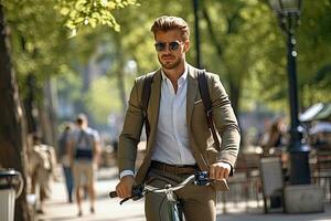 Handsome young businessman in suit and with a backpack riding a bicycle in the city. Generative AI photo