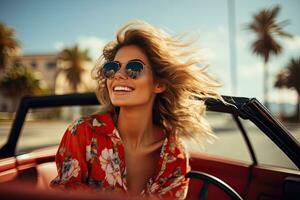 summer holidays, vacation, road trip and people concept - smiling young woman driving convertible car. Generative AI photo
