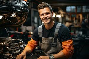 coche mecánico trabajando en auto reparar tienda. hermoso joven hombre en uniforme trabajando con coche motor. generativo ai foto