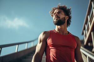 sensación seguro. medio termino retrato de joven afroamericano hombre en Deportes ropa mirando lejos mientras en pie al aire libre. generativo ai foto