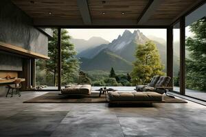 Interior of modern living room with wooden walls, concrete floor, panoramic window and mountain view. Generative AI photo