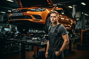 selective focus of handsome auto mechanic in uniform repairing car in auto repair shop. Generative AI photo