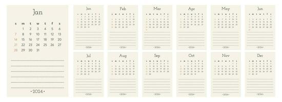 Monthly calendar 2024 template. Week strat on Sunday vector