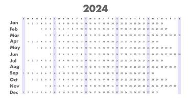Monthly calendar 2024 template. Week strat on Sunday vector