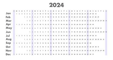 Monthly calendar 2024 template. Week strat on Sunday vector