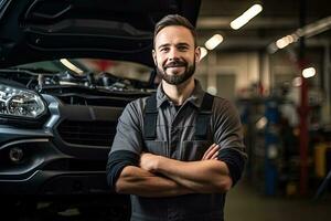 Car mechanic working in auto repair shop. Handsome young man in uniform working with car engine. Generative AI photo