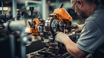 Car mechanic working in auto repair shop. Auto service industry. Automotive manufacturing. Generative AI photo