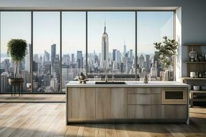 Luxury kitchen interior with white marble countertop, sink and window with panoramic view. Generative AI photo