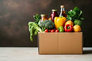 Box with fresh organic vegetables and fruits. Healthy food shopping concept. Generative AI photo